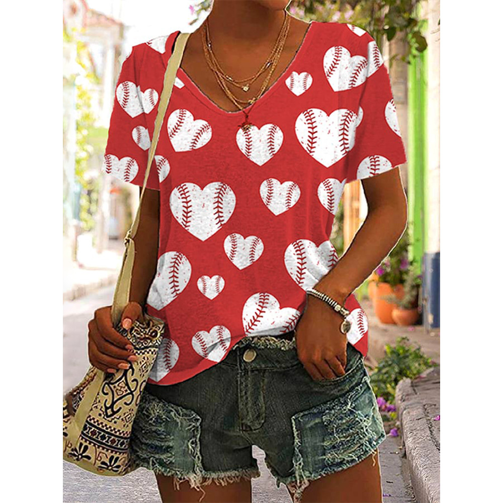 Heart Baseball Print V Neck T-Shirt