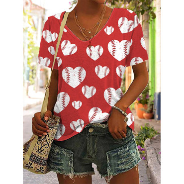 Heart Baseball Print V Neck T-Shirt