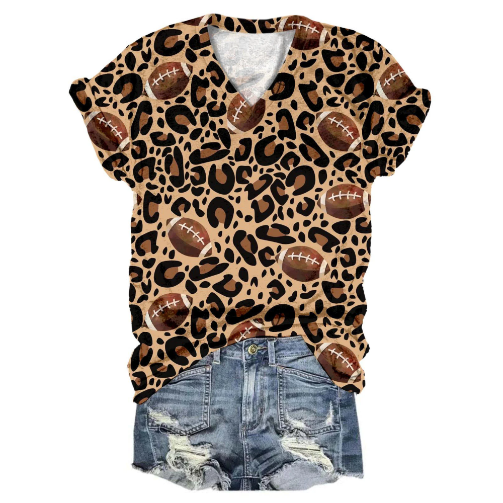 Leopard Print Football Tie Dye V Neck T-Shirt