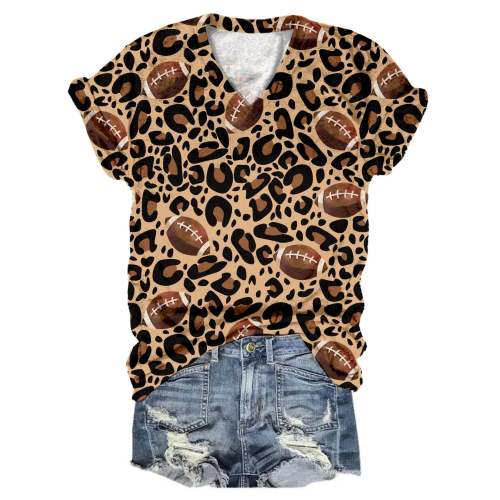 Leopard Print Football Tie Dye V Neck T-Shirt