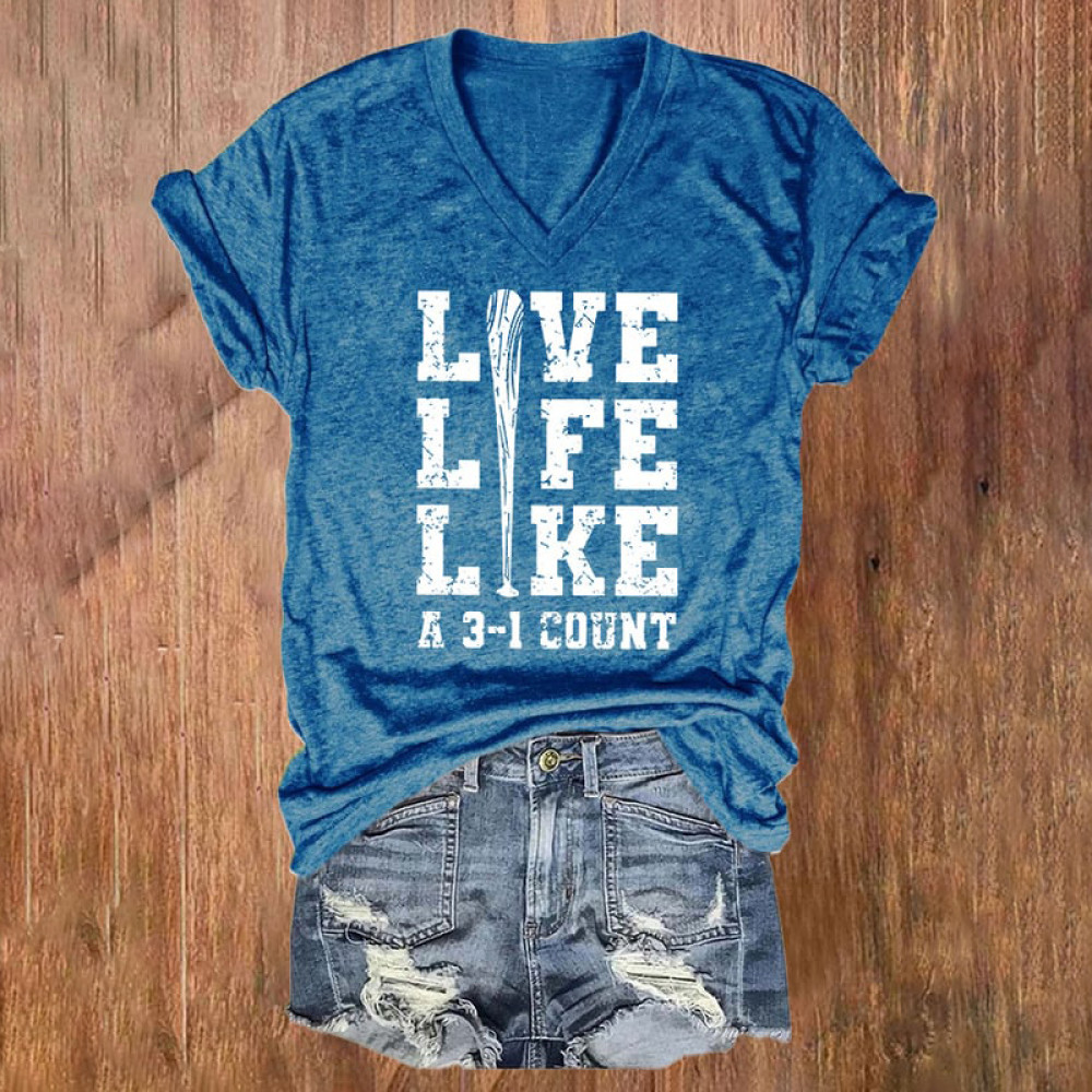 Live Life Like Baseball Print V-Neck T-Shirt