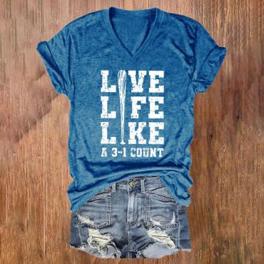 Live Life Like Baseball Print V-Neck T-Shirt