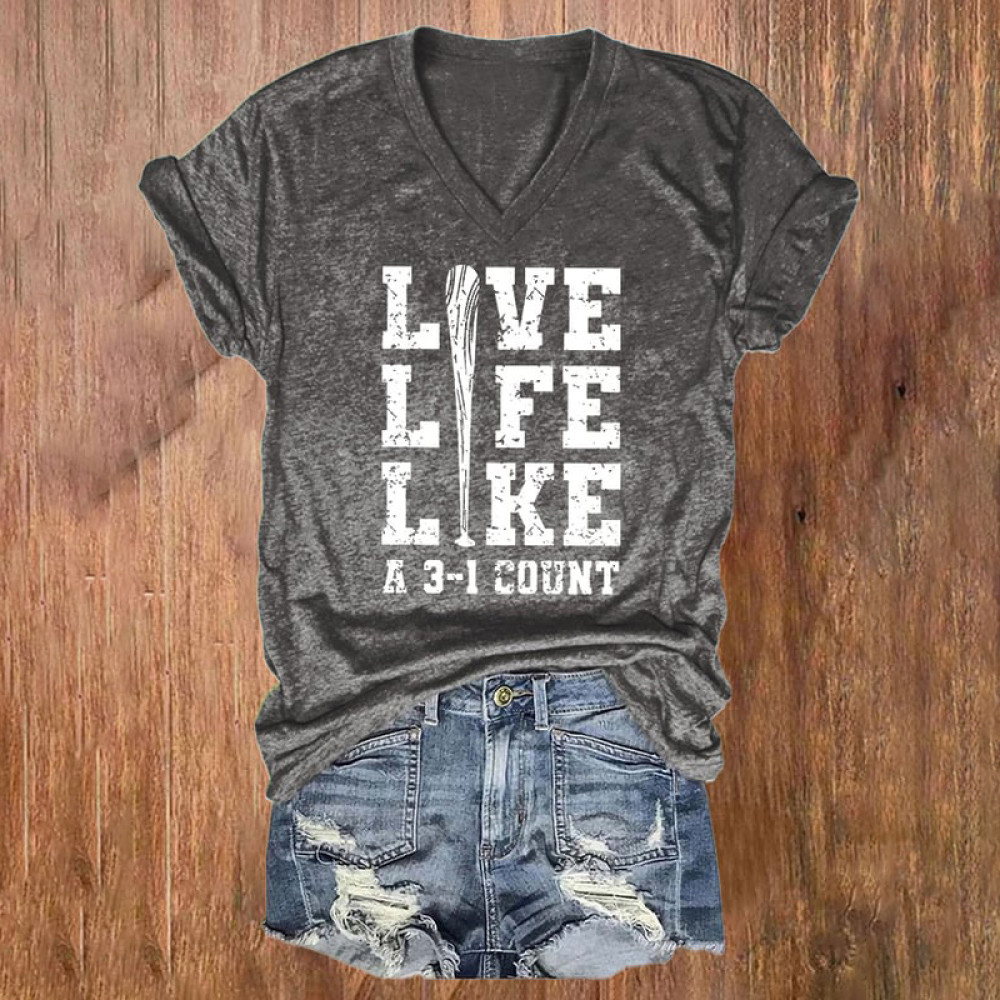 Live Life Like Baseball Print V-Neck T-Shirt