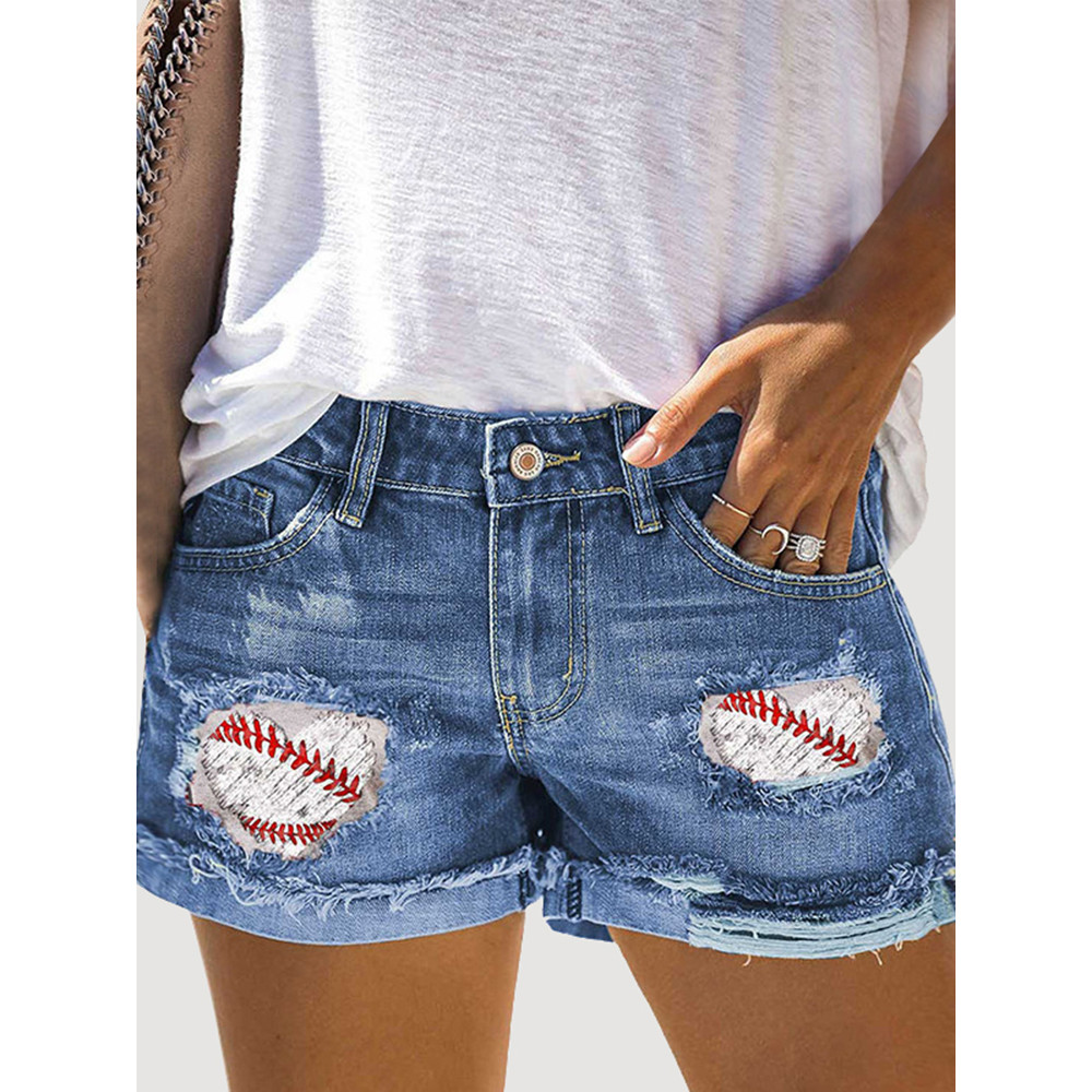 Love Baseball Print Panel Ripped Denim Shorts