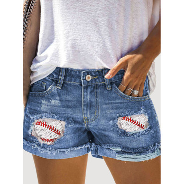 Love Baseball Print Panel Ripped Denim Shorts