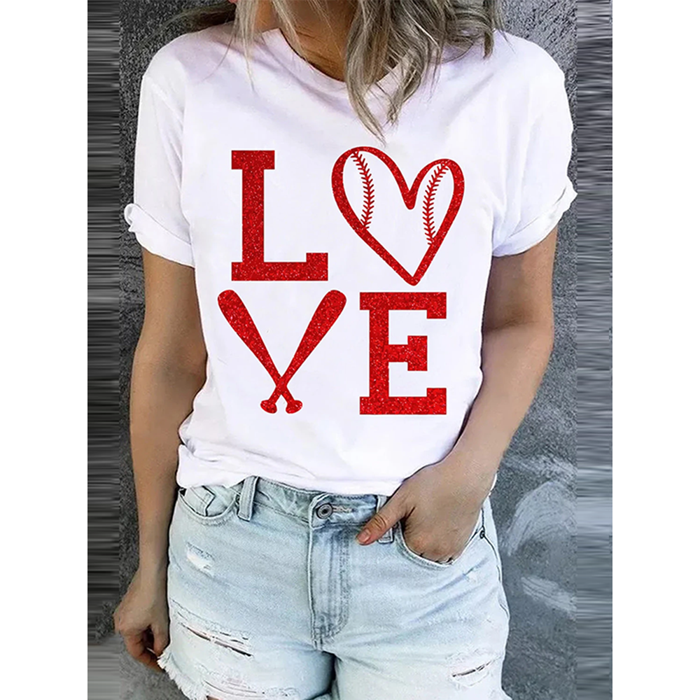 Love Baseball Print Short Sleeve Casual T-Shirt