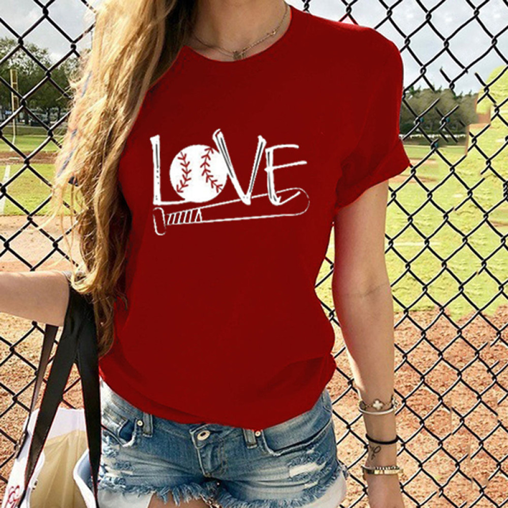 Love Baseball Print Short Sleeved Casual T-Shirt