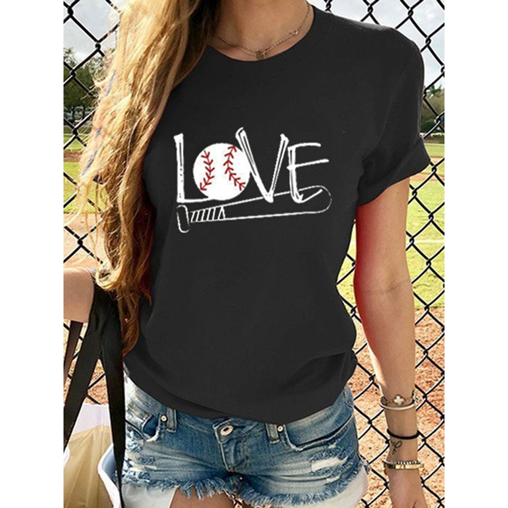 Love Baseball Print Short Sleeved Casual T-Shirt