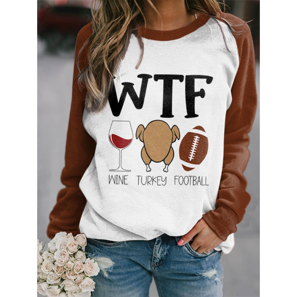 Thanksgiving Wine Turkey Football Print Sweatshirt