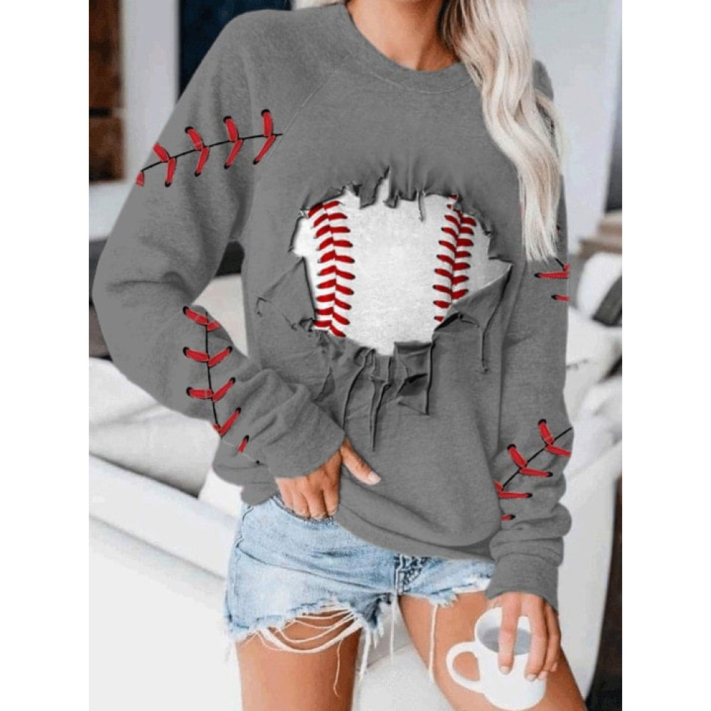 Women's 3D Ripped Baseball Print Pocket Sweatshirt