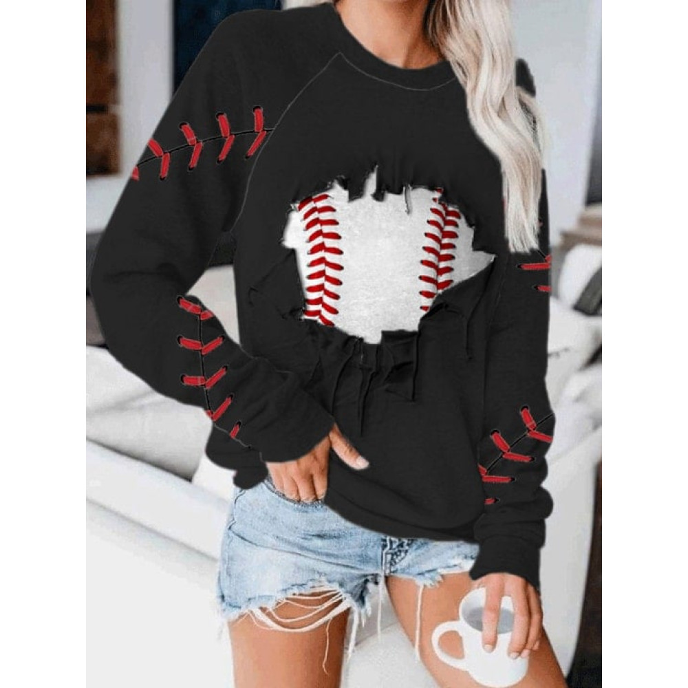 Women's 3D Ripped Baseball Print Pocket Sweatshirt