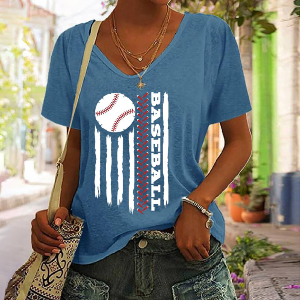 Women's Baseball Flag Print V-Neck T-Shirt