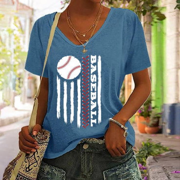 Women's Baseball Flag Print V-Neck T-Shirt