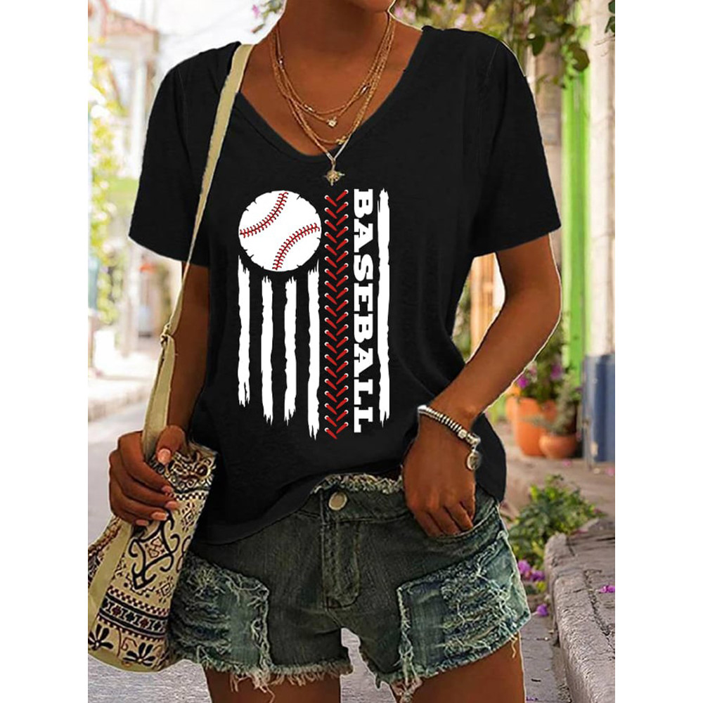 Women's Baseball Flag Print V-Neck T-Shirt