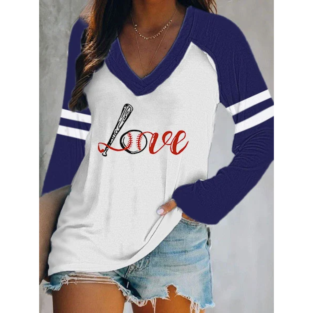 Women's Baseball Love Casual V-Neck Long-Sleeve T-Shirt