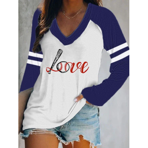 Women's Baseball Love Casual V-Neck Long-Sleeve T-Shirt