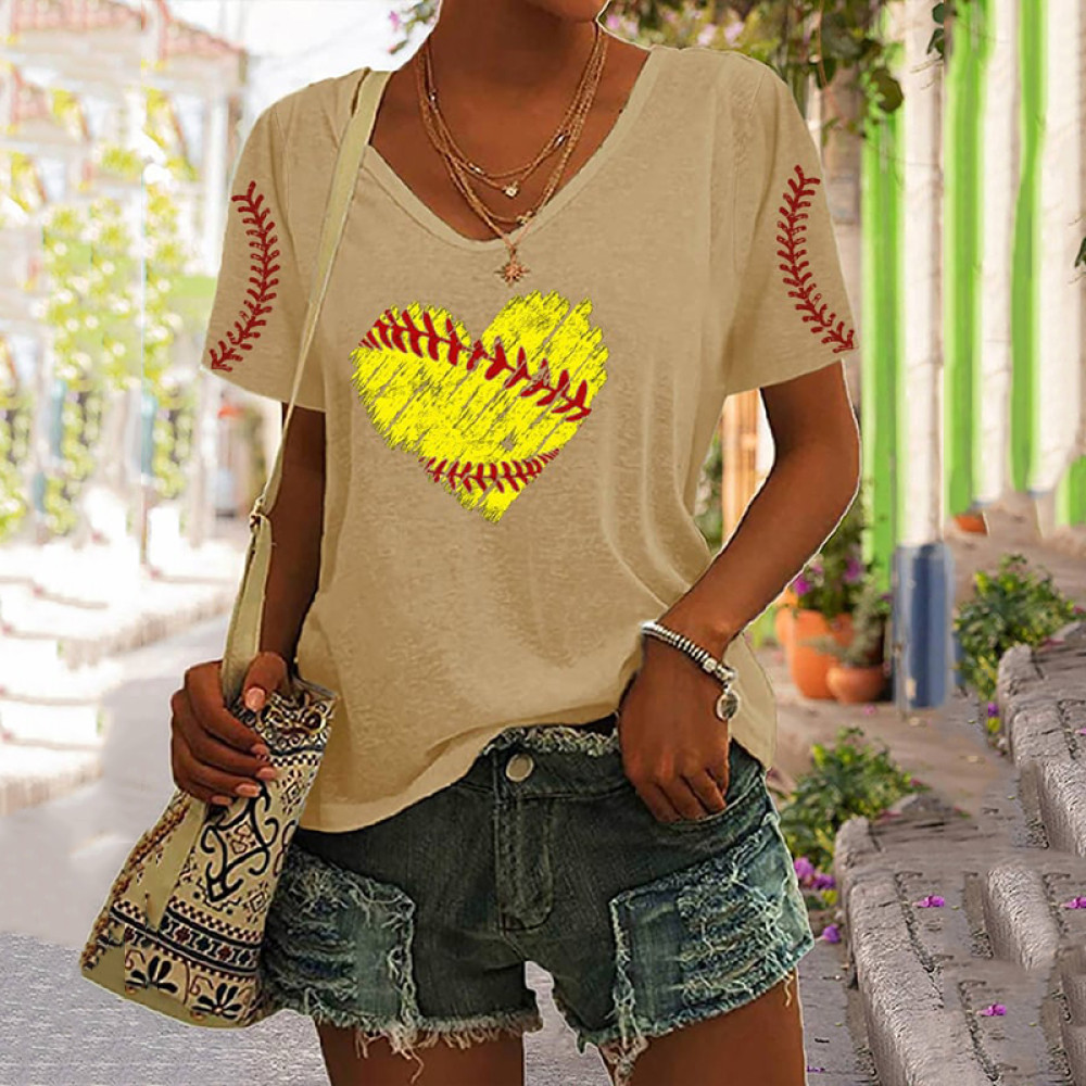 Women's Heart Baseball Print V-Neck T-Shirt