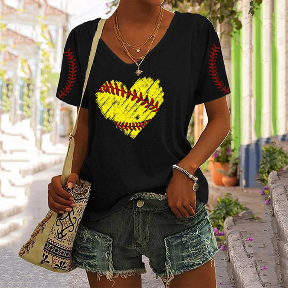 Women's Heart Baseball Print V-Neck T-Shirt