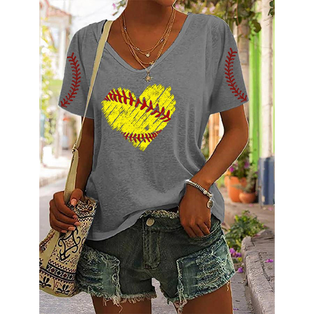 Women's Heart Baseball Print V-Neck T-Shirt