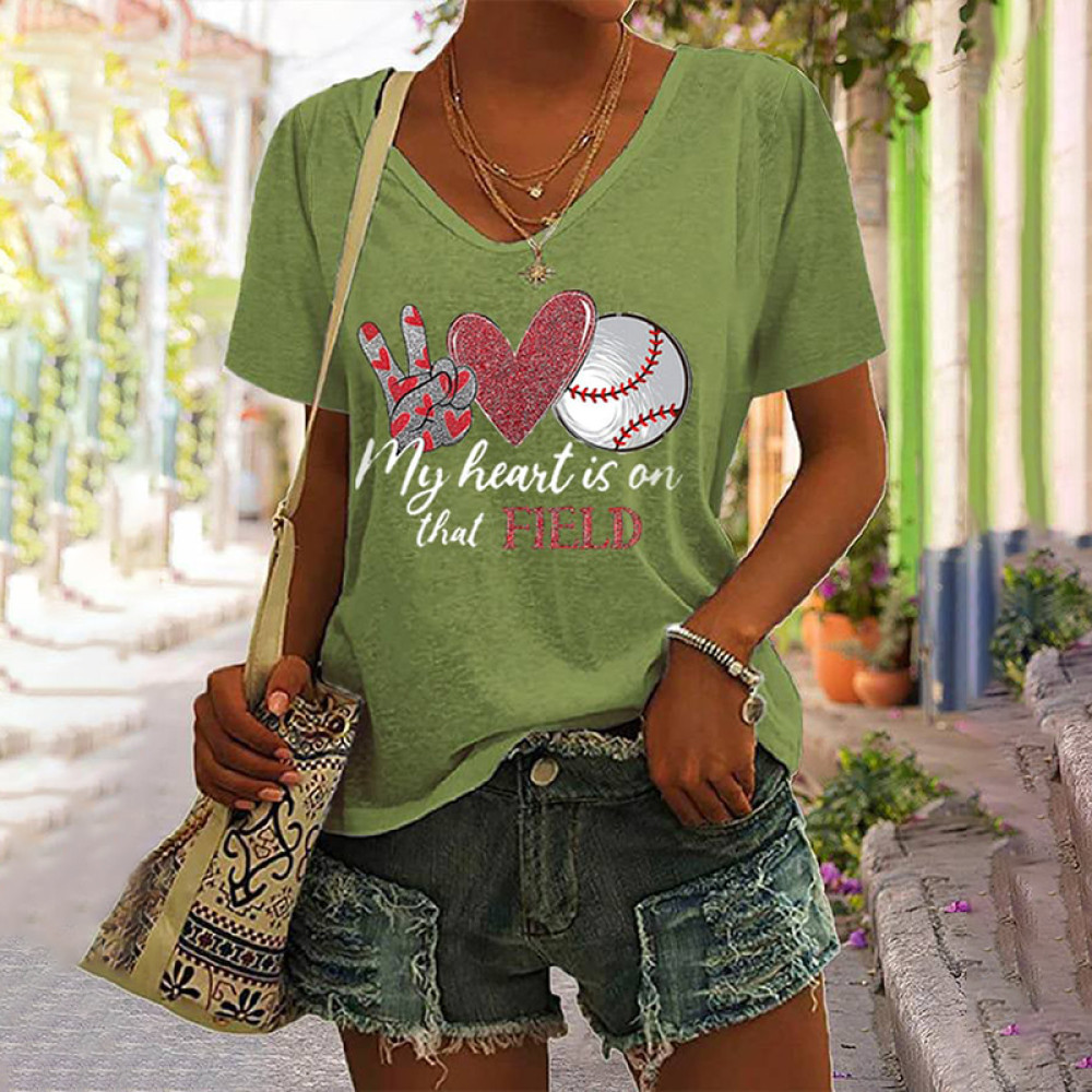 Women's My Heart Is On That Field Baseball Lover V Neck T-Shirt