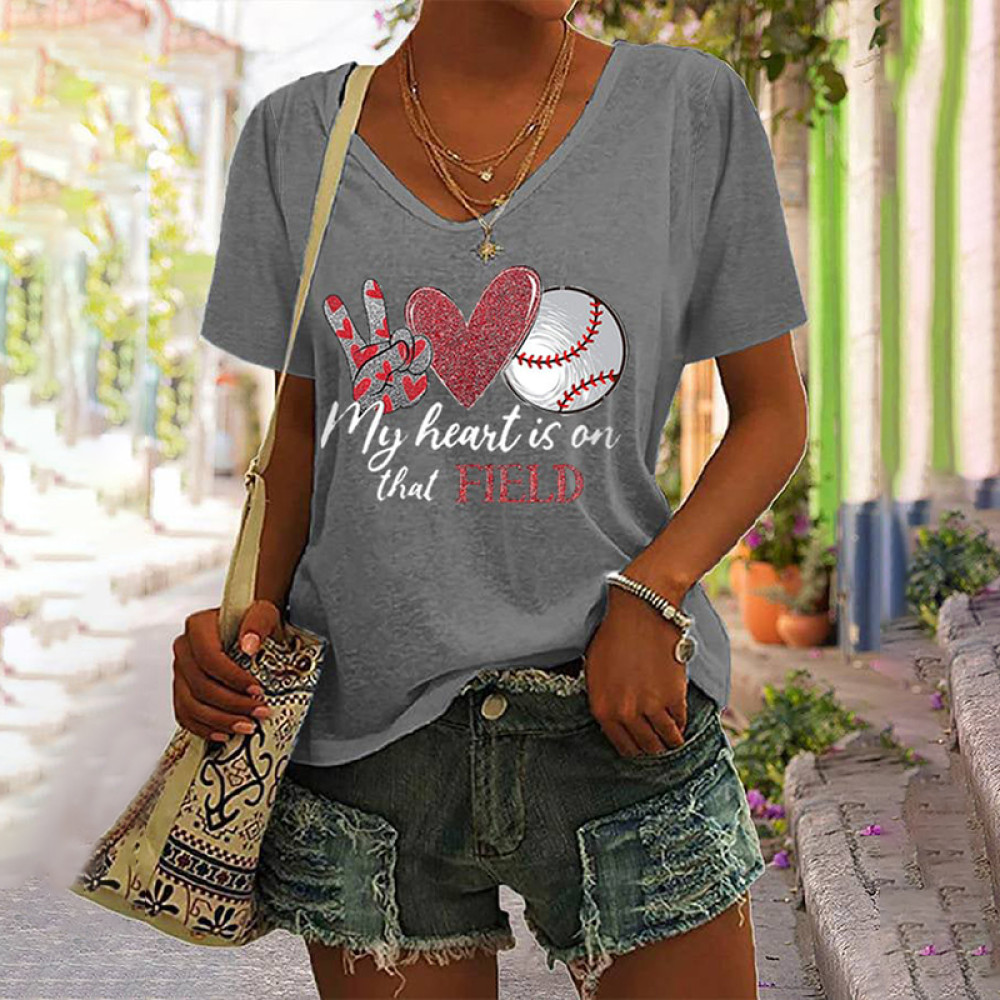 Women's My Heart Is On That Field Baseball Lover V Neck T-Shirt