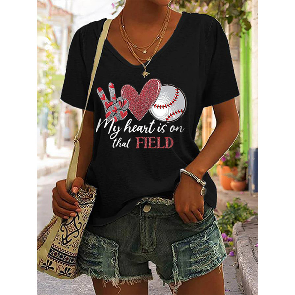 Women's My Heart Is On That Field Baseball Lover V Neck T-Shirt