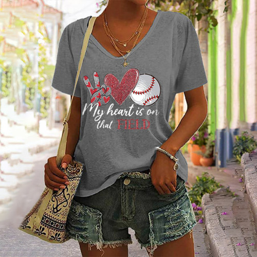 Women's My Heart Is On That Field Baseball Lover V Neck T-Shirt