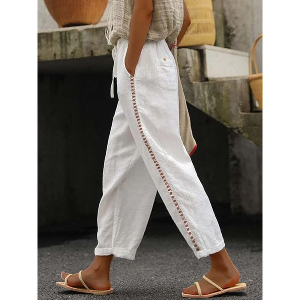 Casual Solid Color Cotton Stitching Hollow Elastic Pants