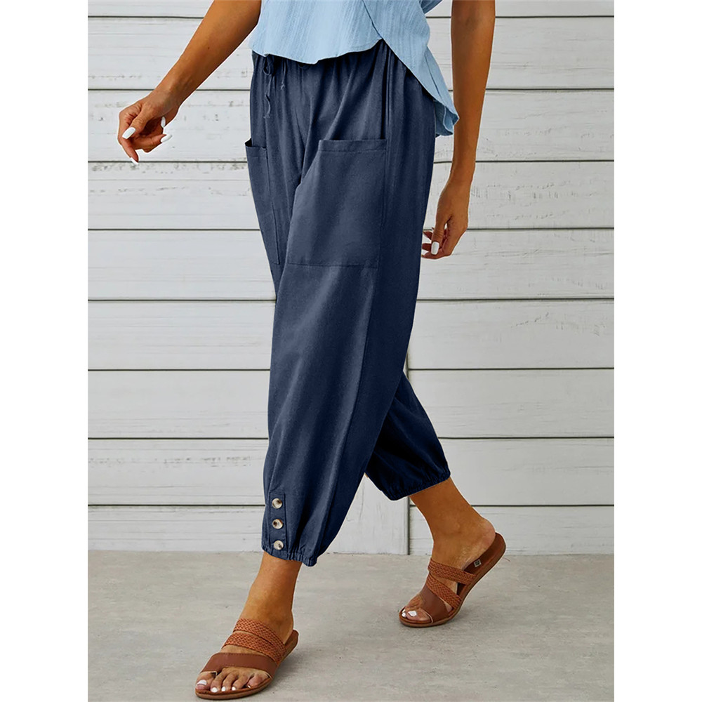 Patch Pocket Button Accent Comfy Casual Pants