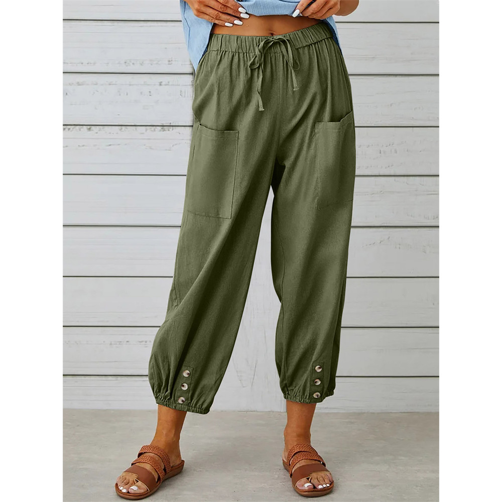 Patch Pocket Button Accent Comfy Casual Pants