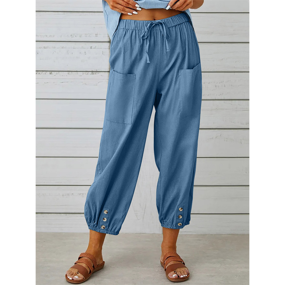 Patch Pocket Button Accent Comfy Casual Pants