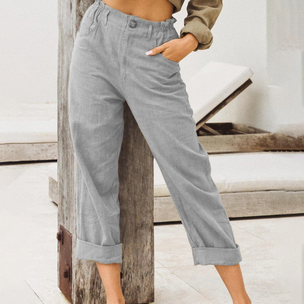 Pure Color Cotton And Linen Pocket Casual Pants