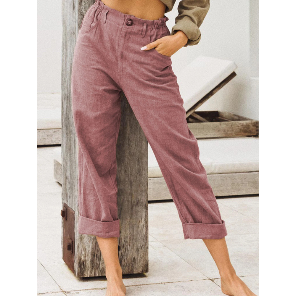 Pure Color Cotton And Linen Pocket Casual Pants