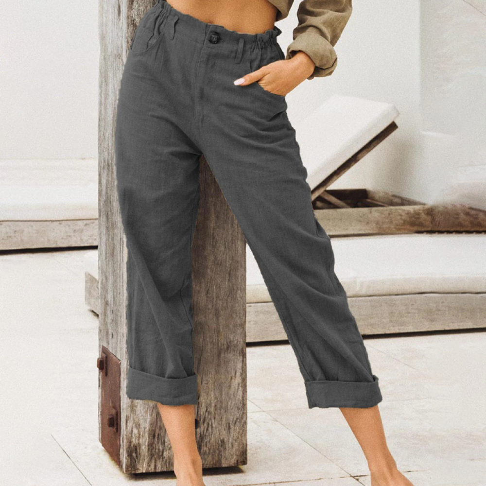 Pure Color Cotton And Linen Pocket Casual Pants