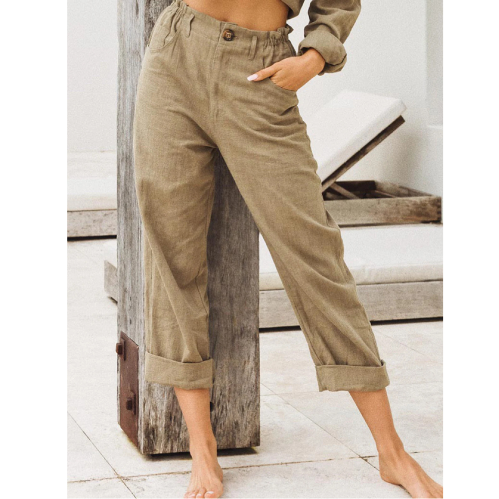 Pure Color Cotton And Linen Pocket Casual Pants