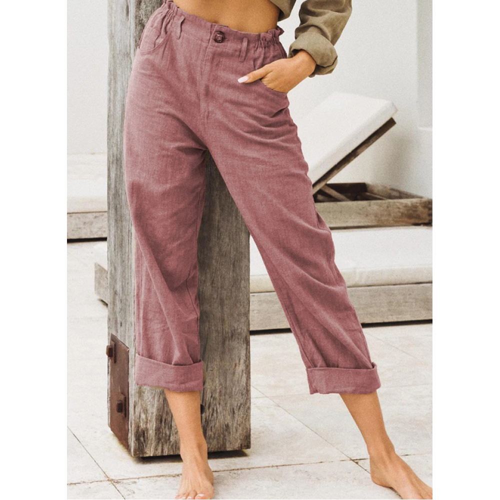 Pure Color Cotton And Linen Pocket Casual Pants