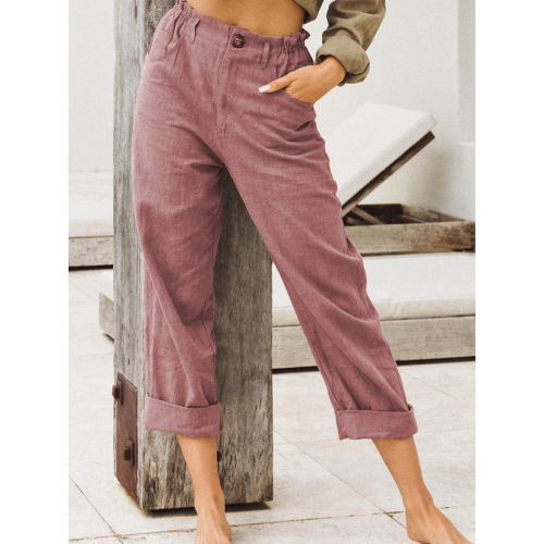Pure Color Cotton And Linen Pocket Casual Pants