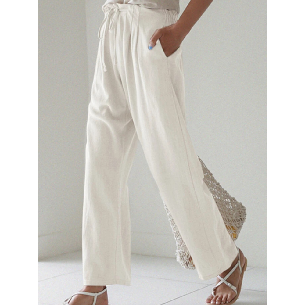 Pure Color Cotton And Linen Pocket Casual Pants