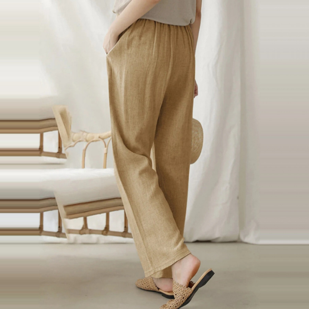 Pure Color Cotton And Linen Pocket Casual Pants