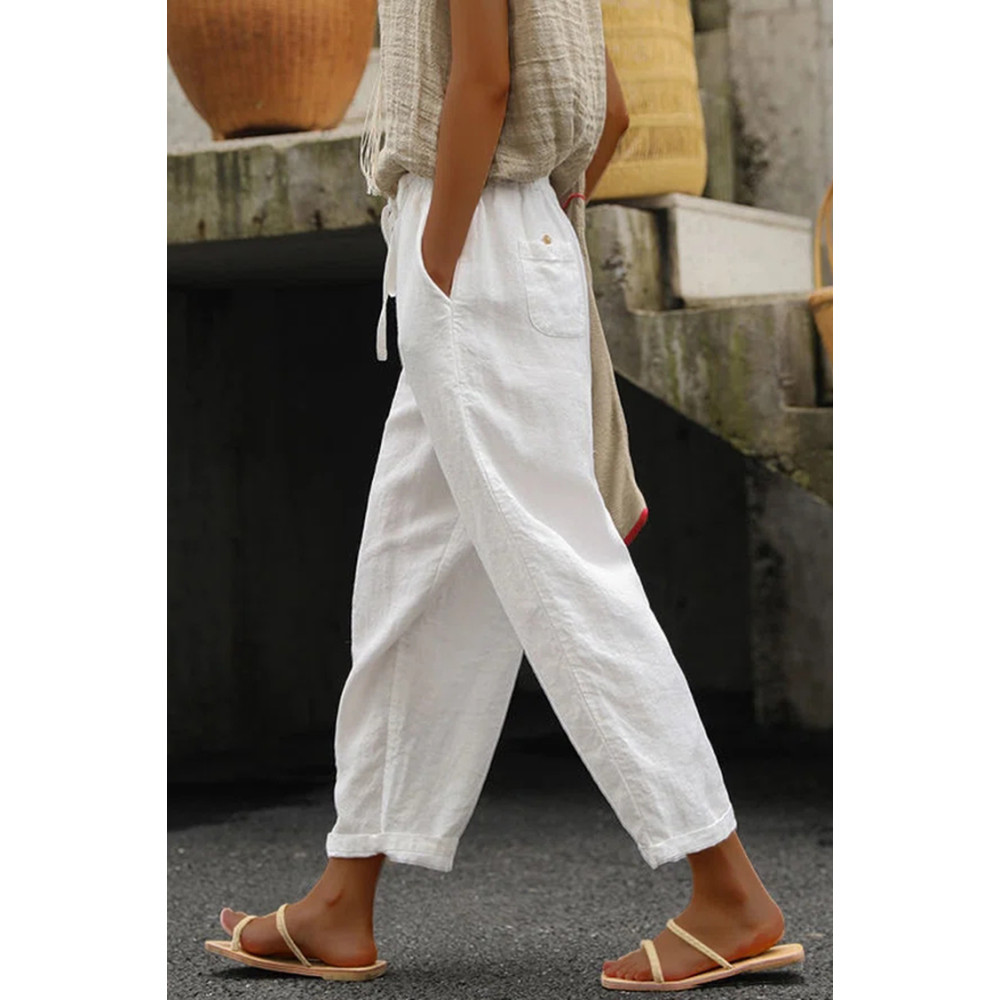 Solid Color Cotton Linen Lace Up Loose Casual Pants