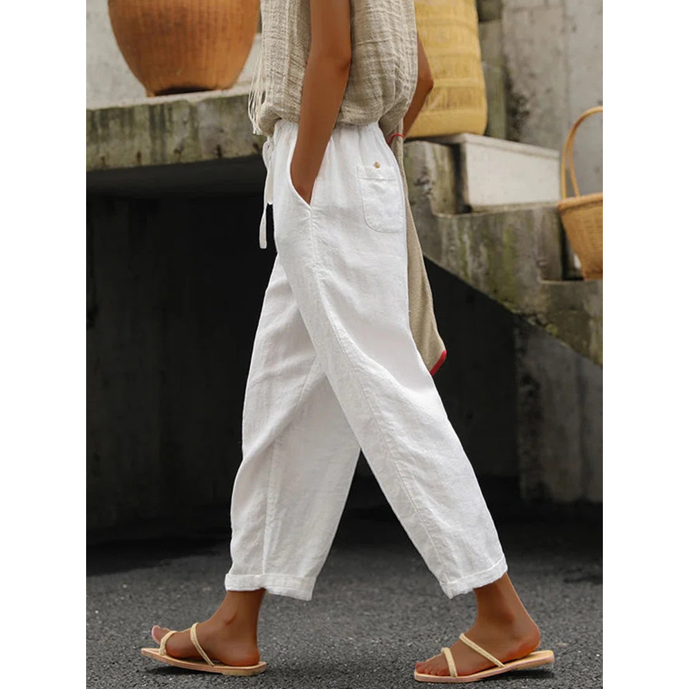 Solid Color Cotton Linen Lace Up Loose Casual Pants