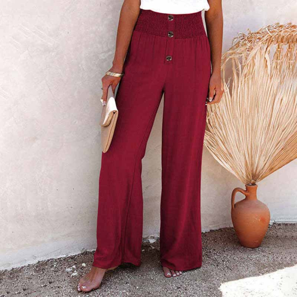 Vintage Plain Elastic Waist Button Down Loose Pant
