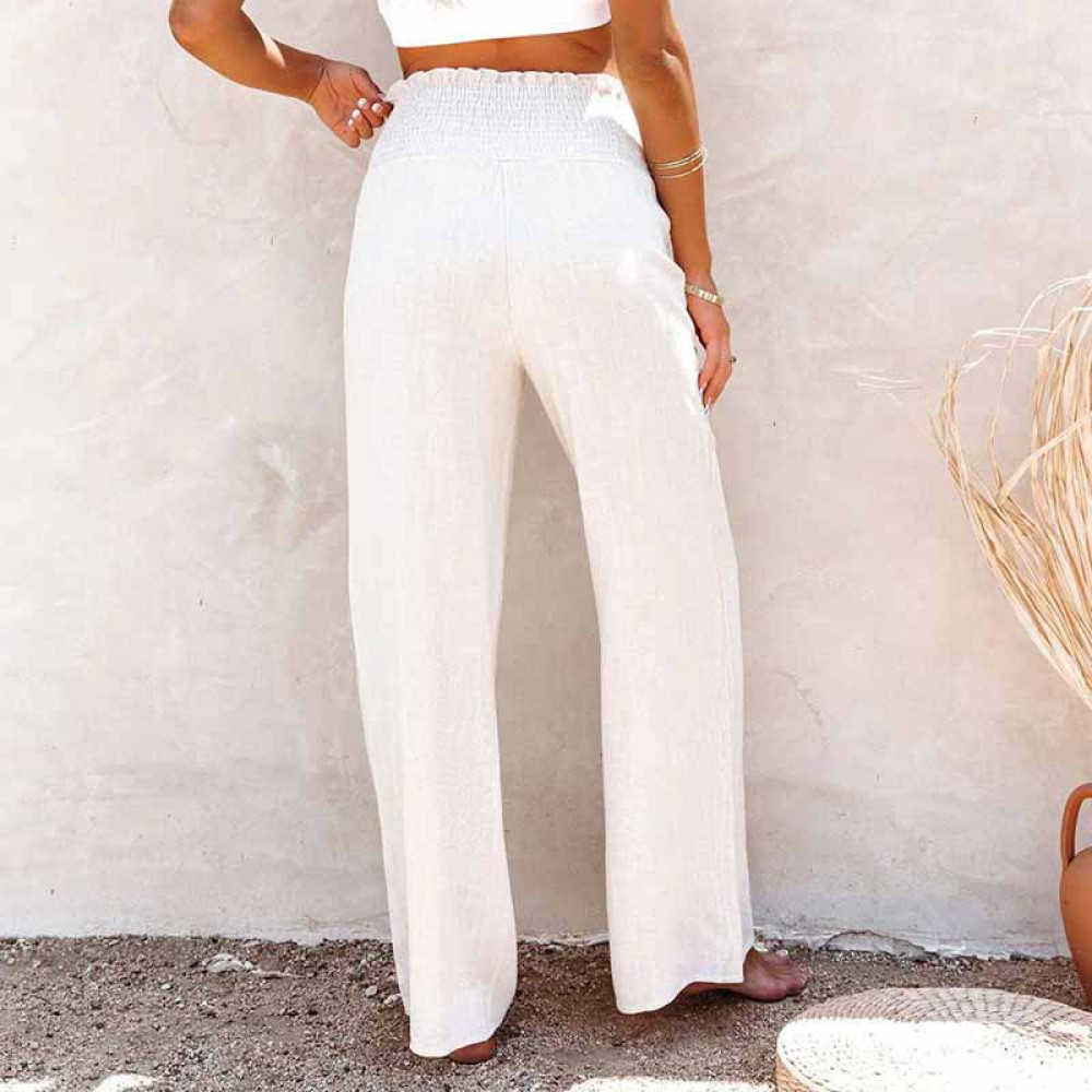 Vintage Plain Elastic Waist Button Down Loose Pant