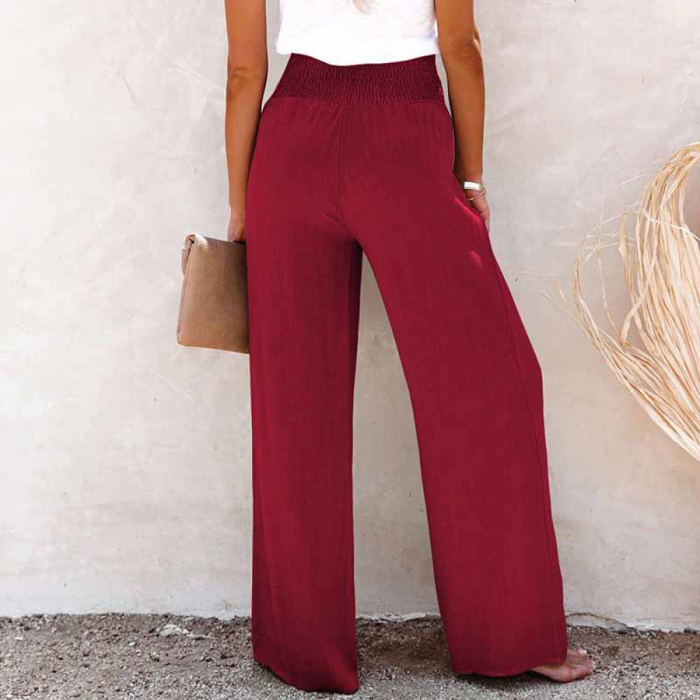 Vintage Plain Elastic Waist Button Down Loose Pant