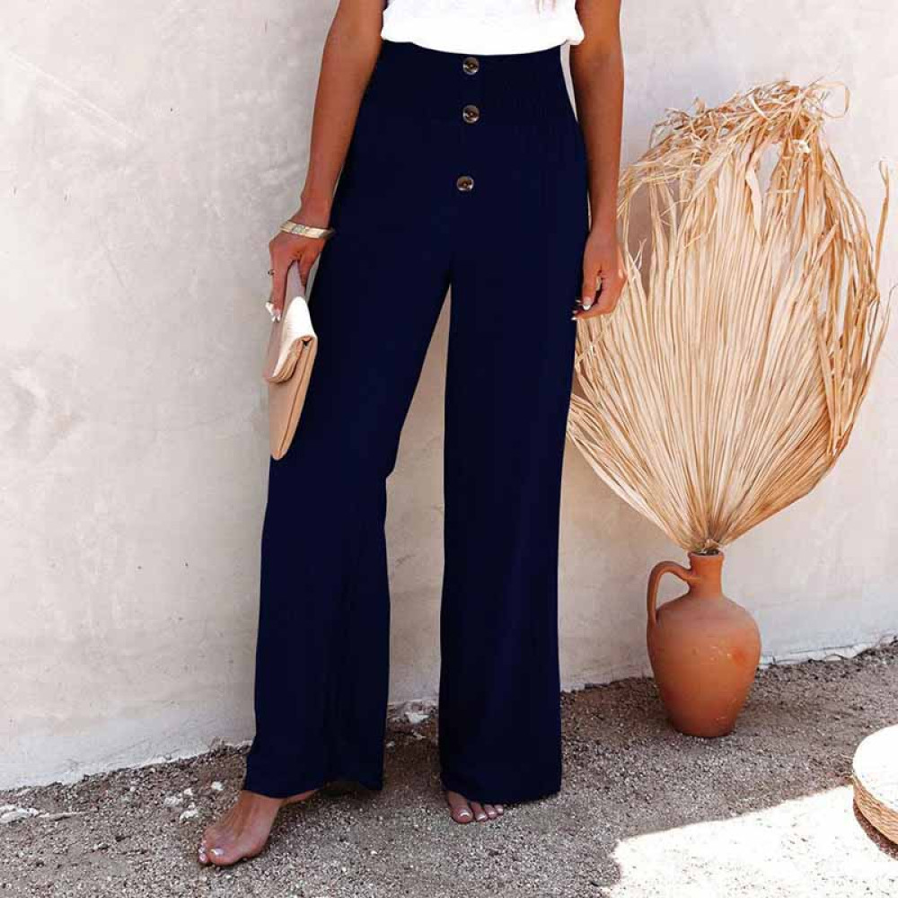 Vintage Plain Elastic Waist Button Down Loose Pant