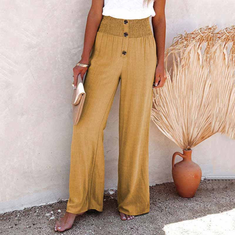 Vintage Plain Elastic Waist Button Down Loose Pant