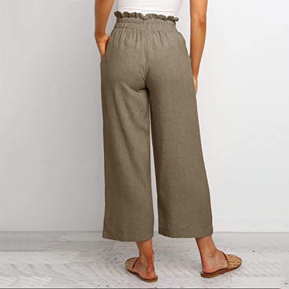 Vintage Plain Elastic Waist Drawstring Pocket Loose Casual Pant