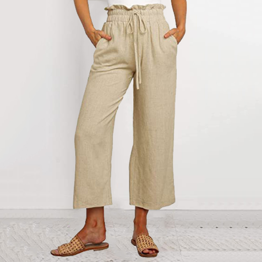 Vintage Plain Elastic Waist Drawstring Pocket Loose Casual Pant