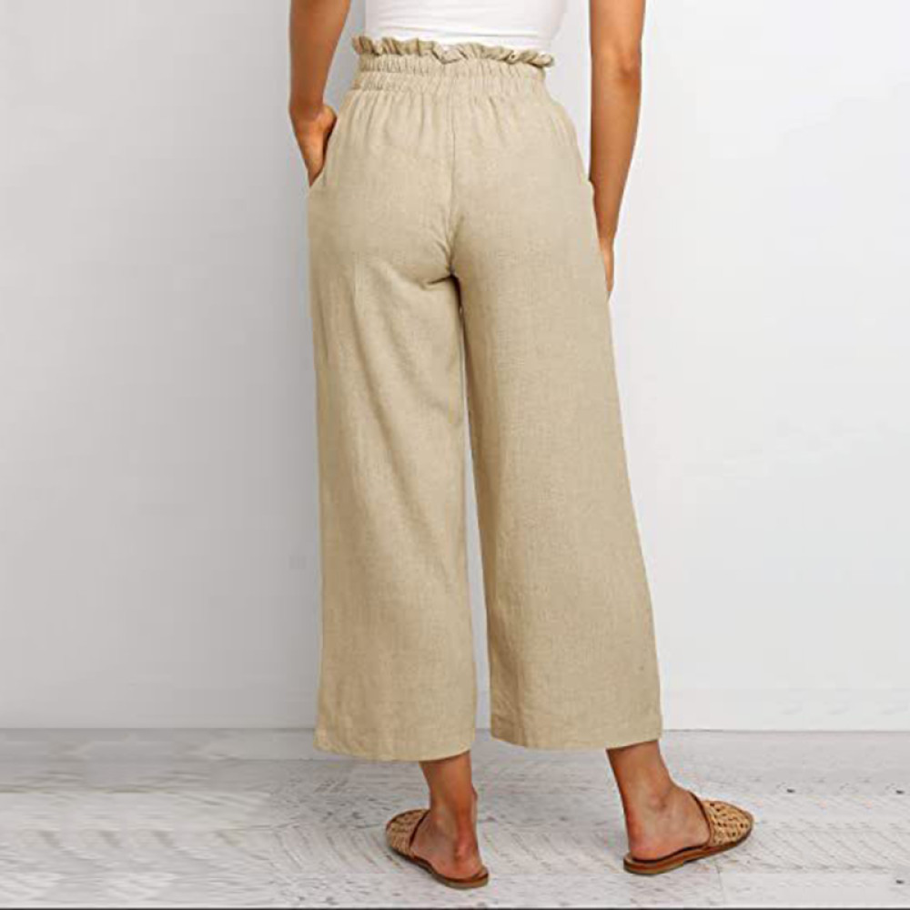 Vintage Plain Elastic Waist Drawstring Pocket Loose Casual Pant