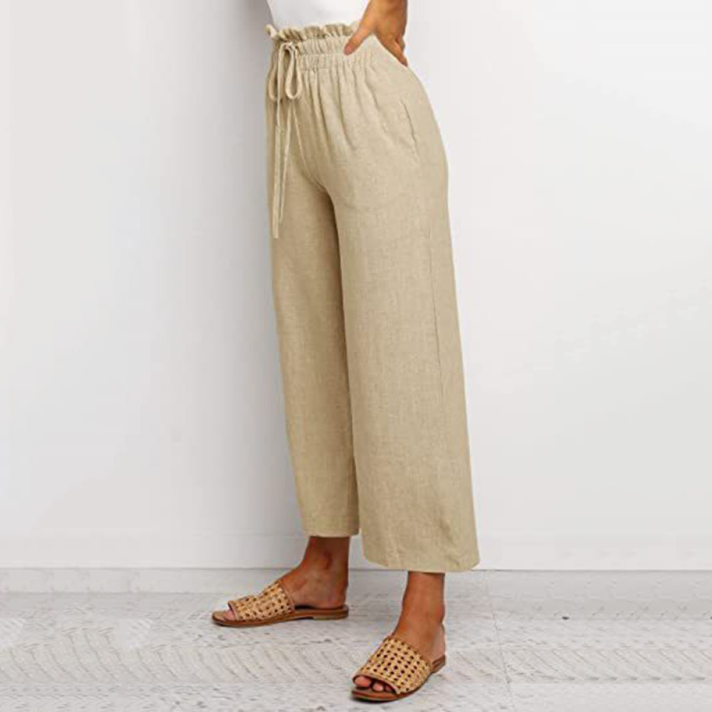 Vintage Plain Elastic Waist Drawstring Pocket Loose Casual Pant